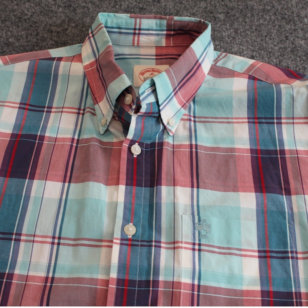 Brooks Brothers‎ Red Fleece Mens L Plaid Button Down Shirt Turquoise Burgundy